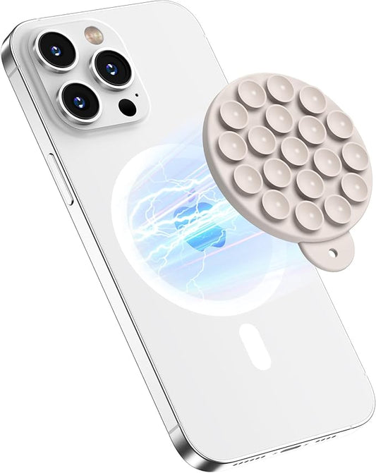 HSAOHD Magnetic Suction Cup Phone Mount with MagSafe, Silicone Hands-Free Grip Holder for iPhone Case and Android, Mirror Shower Phone Stand for Makeup FaceTime Gym Kitchen Bathroom, Stone