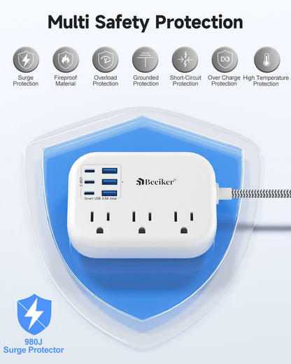 Beeiker Short Extension Cord 2 Foot Travel Power Strip 6 USB 3 Outlets