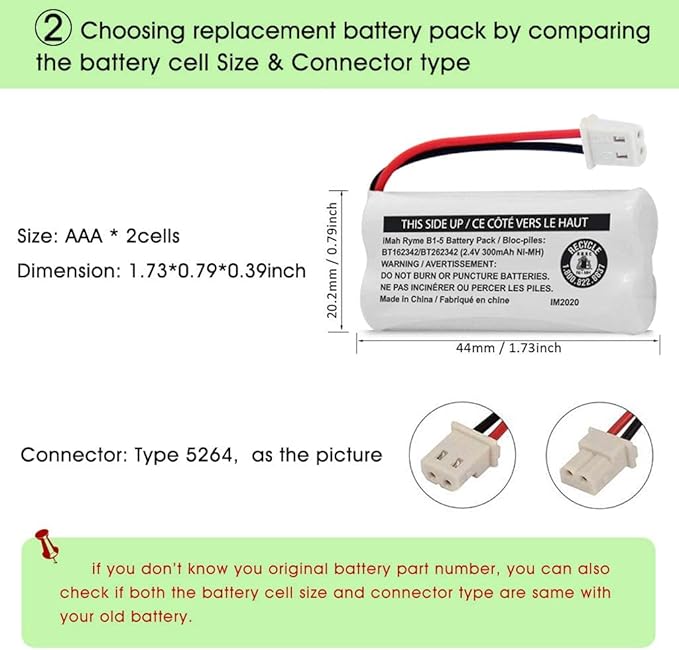 iMah BT162342/BT262342 2.4V 300mAh Ni-MH Cordless Phone Battery Pack, Also Compatible with BT183342/BT283342 AT&T EL52351 TL90070 VTech CS5119 DS6511 DS6722 LS6305 Handset, 5-Pack