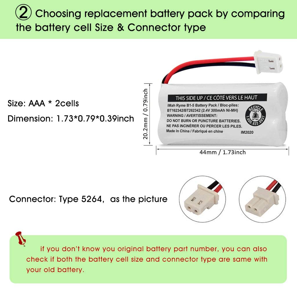 iMah BT162342/BT262342 2.4V 300mAh Ni-MH Cordless Phone Battery Pack, Also Compatible with BT183342/BT283342 AT&T EL52351 TL90070 VTech CS5119 DS6511 DS6722 LS6305 Handset, 4-Pack