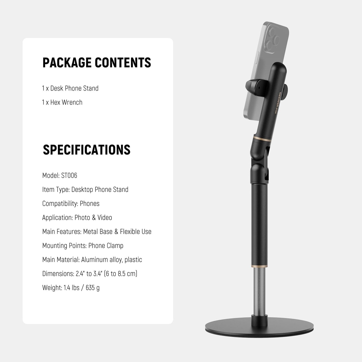 NEEWER Basics Cell Phone Stand for Desk, Adjustable Phone Holder Clamp with Weighted Metal Base, Office Table Phone Mount Compatible with iPhone 16 15 Pro Max Plus Samsung for Video Recording, ST006