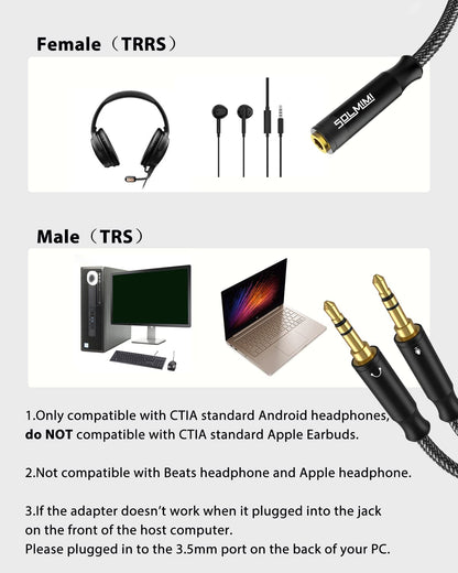 Headphone Splitter Cable for Computer 3.5mm Female to 2 Male 30Cm