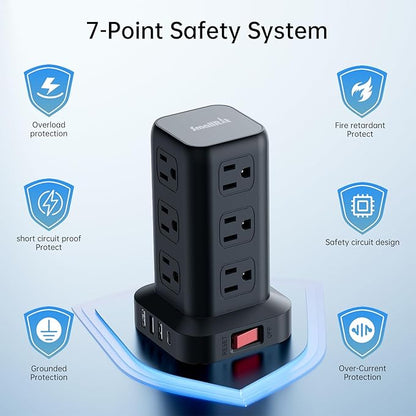 PD20W Surge Protector Power Strip Tower, 15FT Extension Cord with Multiple Outlets, 12 AC 4 USB (1 USB C)，Mini Power Strip with USB Ports, Surge Protector Tower Overload Protection for Office, Desk