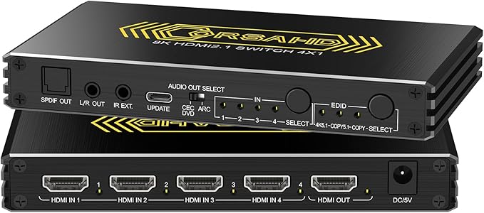 4K@120Hz HDMI 2.1 Switch 4 in 1 Out with Audio Extractor,48Gbps,HDCP 2.3,HDR 10+,ARC,VRR,ALLM,CEC,IR Remote,Optical SPDIF 5.1Ch,AUX L/R 3.5mm 2.1Ch,HDMI Switcher 4x1,4 Port HDMI Selector