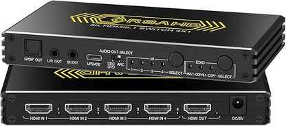 4K@120Hz HDMI 2.1 Switch 4 in 1 Out with Audio Extractor,48Gbps,HDCP 2.3,HDR 10+,ARC,VRR,ALLM,CEC,IR Remote,Optical SPDIF 5.1Ch,AUX L/R 3.5mm 2.1Ch,HDMI Switcher 4x1,4 Port HDMI Selector