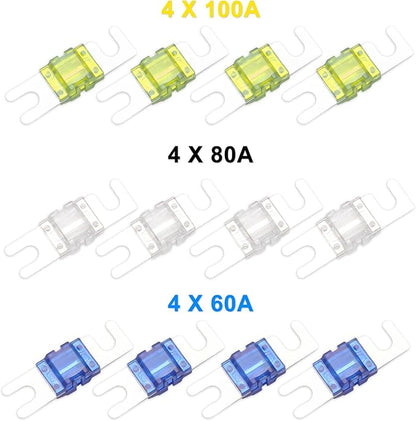 RECOIL MPG4 4-Way Mini-ANL Fused Distribution Block with Ground Block, Each Positive and Negative Block with 2X 0/2/4 Gauge Inputs & 4X 4/8 Gauge Outputs, Fused Distribution Block with 12pcs Fuses