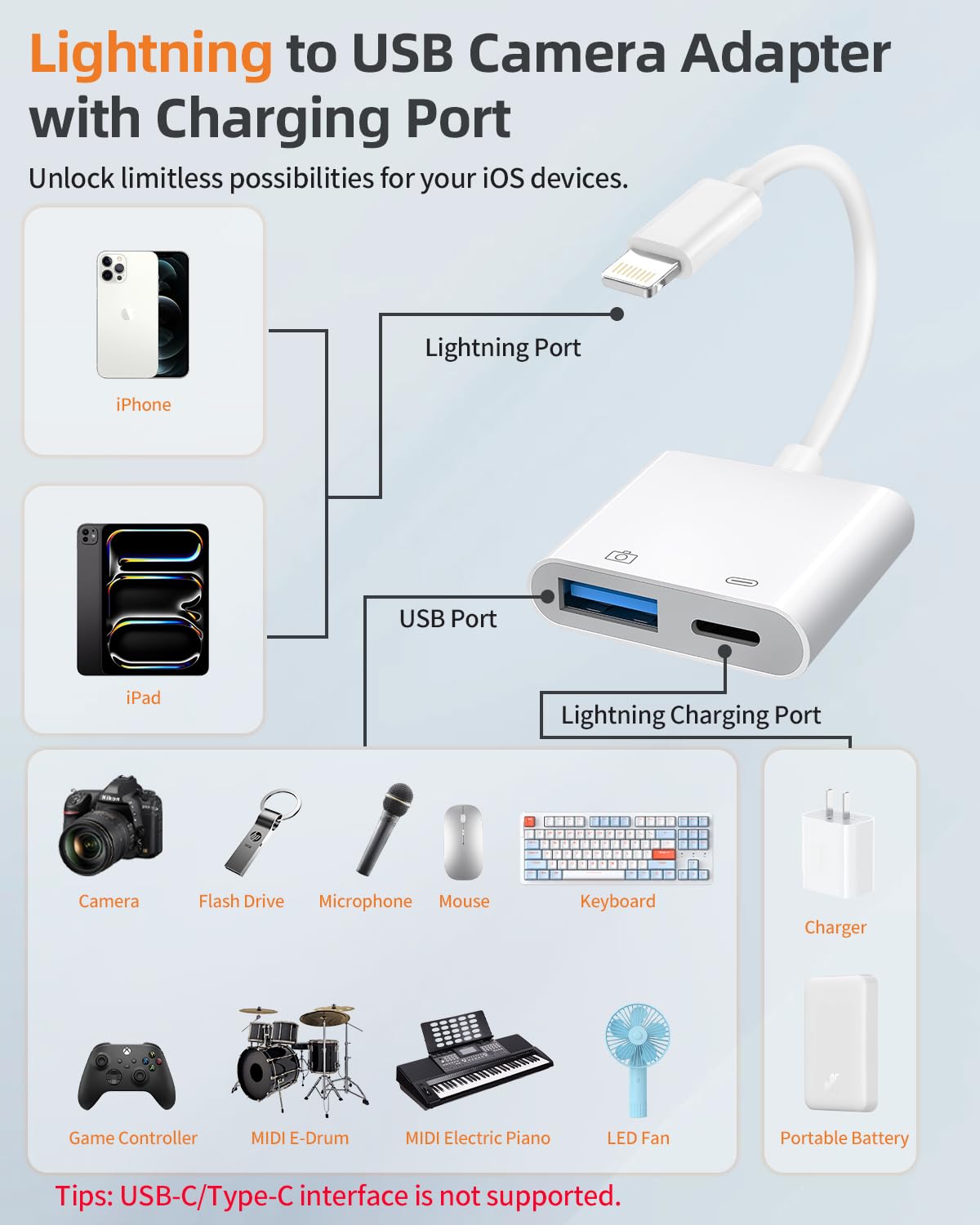 [Apple MFi Certified] Lightning to USB Camera Adapter with Charging Port for iPhone, USB3 Female OTG Adapter Compatible with iPhone/iPad Card, Readers, USB Flash Drives, Keyboards, Mice