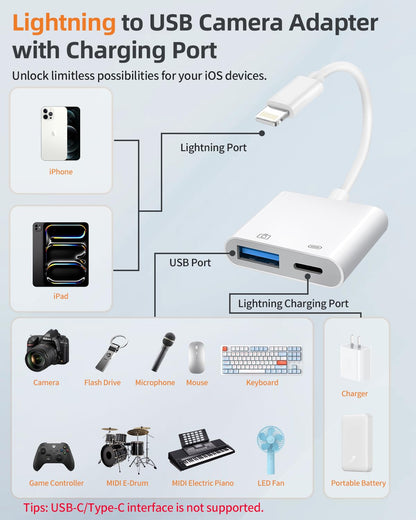 [Apple MFi Certified] Lightning to USB Camera Adapter with Charging Port for iPhone, USB3 Female OTG Adapter Compatible with iPhone/iPad Card, Readers, USB Flash Drives, Keyboards, Mice