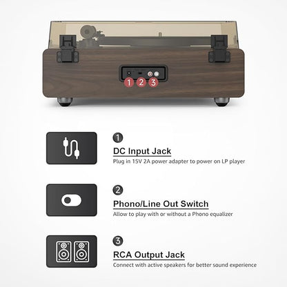 Vinyl Record Player Built in HiFi Stereo Speakers BT Wireless Input Belt Drive Iron Platter Turntables for Vinyls Records with MM Audio AT-3600L Cartridge Soft Warm Light Design Wooden Cream Brown