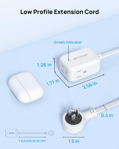 TROND Rotating Flat Plug Extension Cord Surge Protector 15ft, 3 AC, White