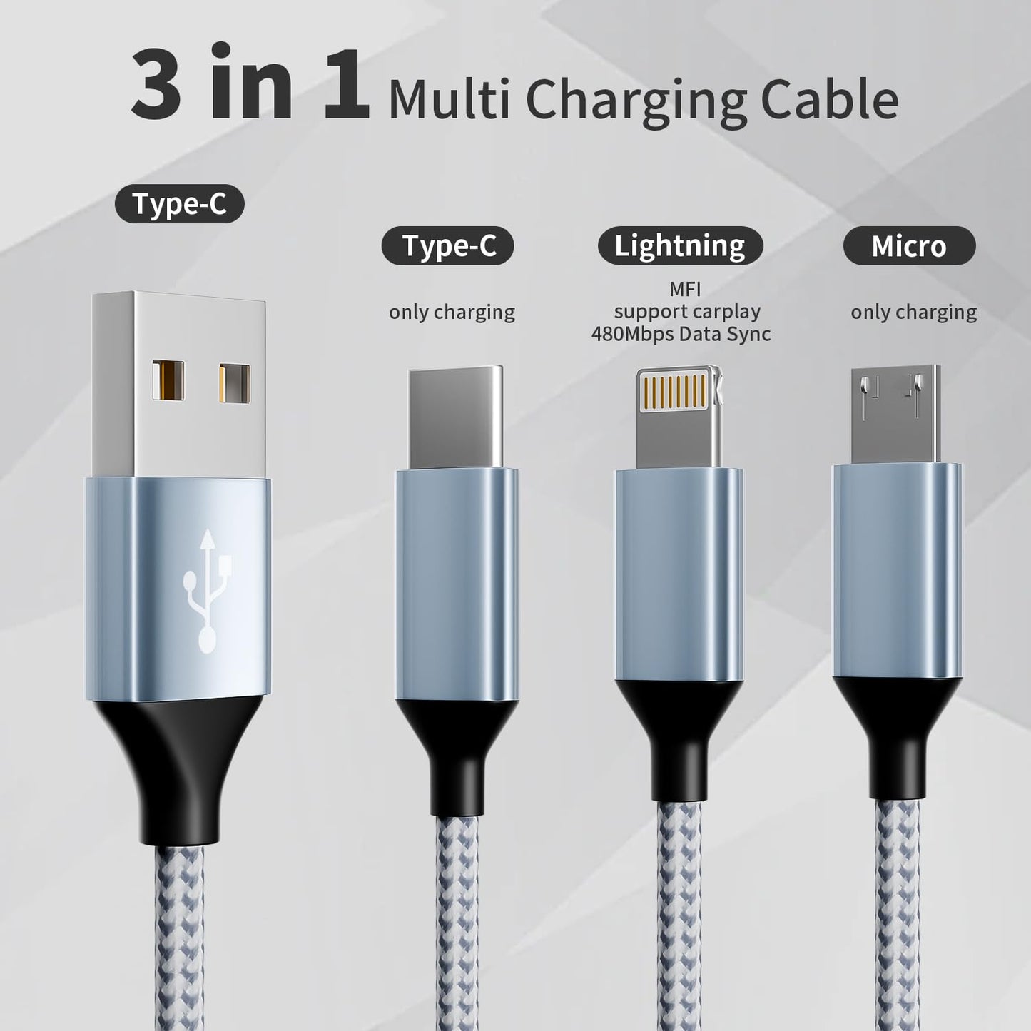 Multi Charging Cable(3Pack 4FT), 3 in 1 Charging Cable for Multiple Devices