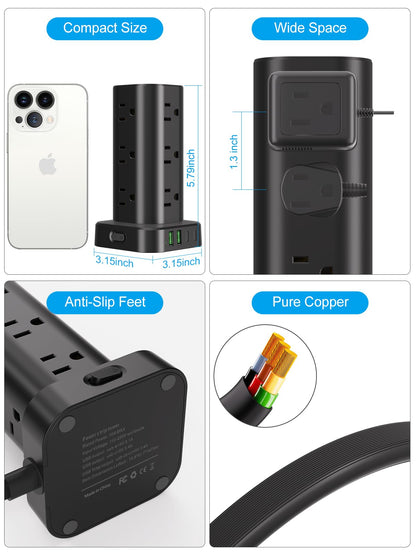 Power Strip with Wireless Charger, Flat Plug Surge Protector with 6FT Extension Cord, 12 AC Multiple Outlets, 4 USB (2 USB C), 15W Wireless Charging Power Tower for Home Office Dorm, Black