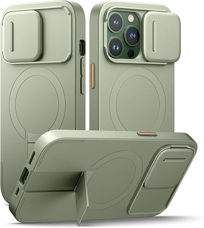 SURITCH for iPhone 13 Pro Case with Magnetic Camera Slide Cover and Adjustable Kickstand, Compatible with MagSafe, Shockproof Bumper Case Slim Protective Cover for iPhone 13 Pro 6.1 Inch, Green