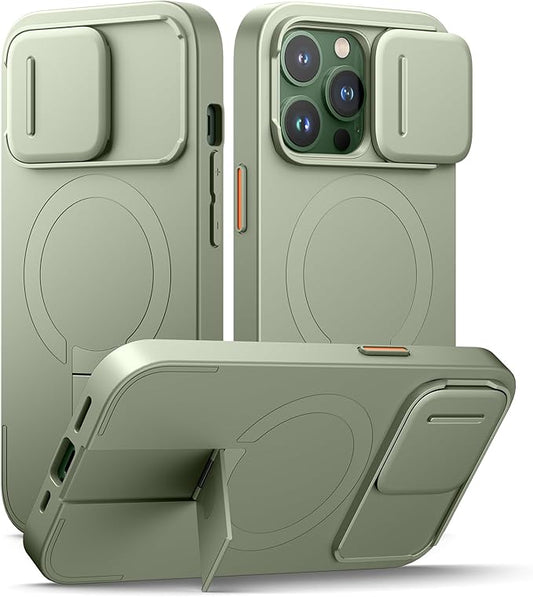 SURITCH for iPhone 13 Pro Case with Magnetic Camera Slide Cover and Adjustable Kickstand, Compatible with MagSafe, Shockproof Bumper Case Slim Protective Cover for iPhone 13 Pro 6.1 Inch, Green