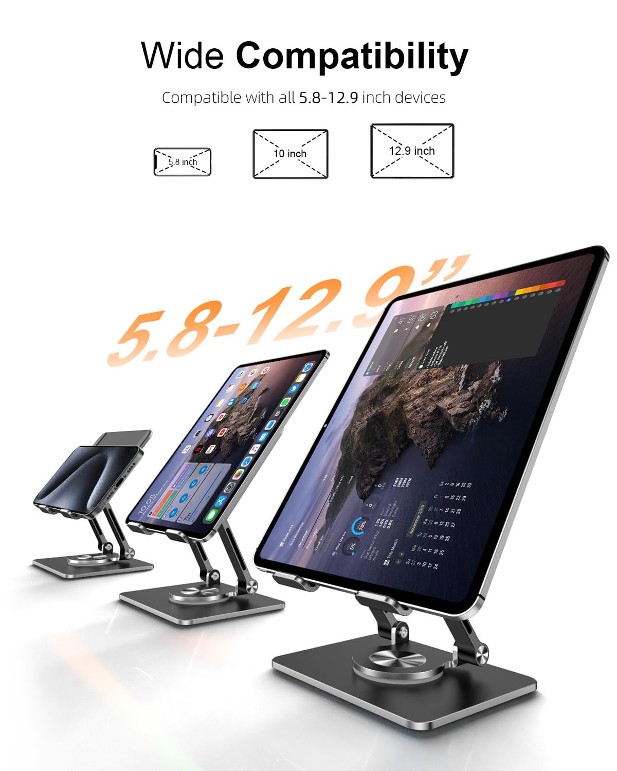 Orlian Tablet Stand Holder with Thickened 360°Rotating Base Dual Rod Adjustable Aluminum Stand for All 5.8-12.9” iPad Samsung Phone Tablet Kindle E-Reader and More, Black