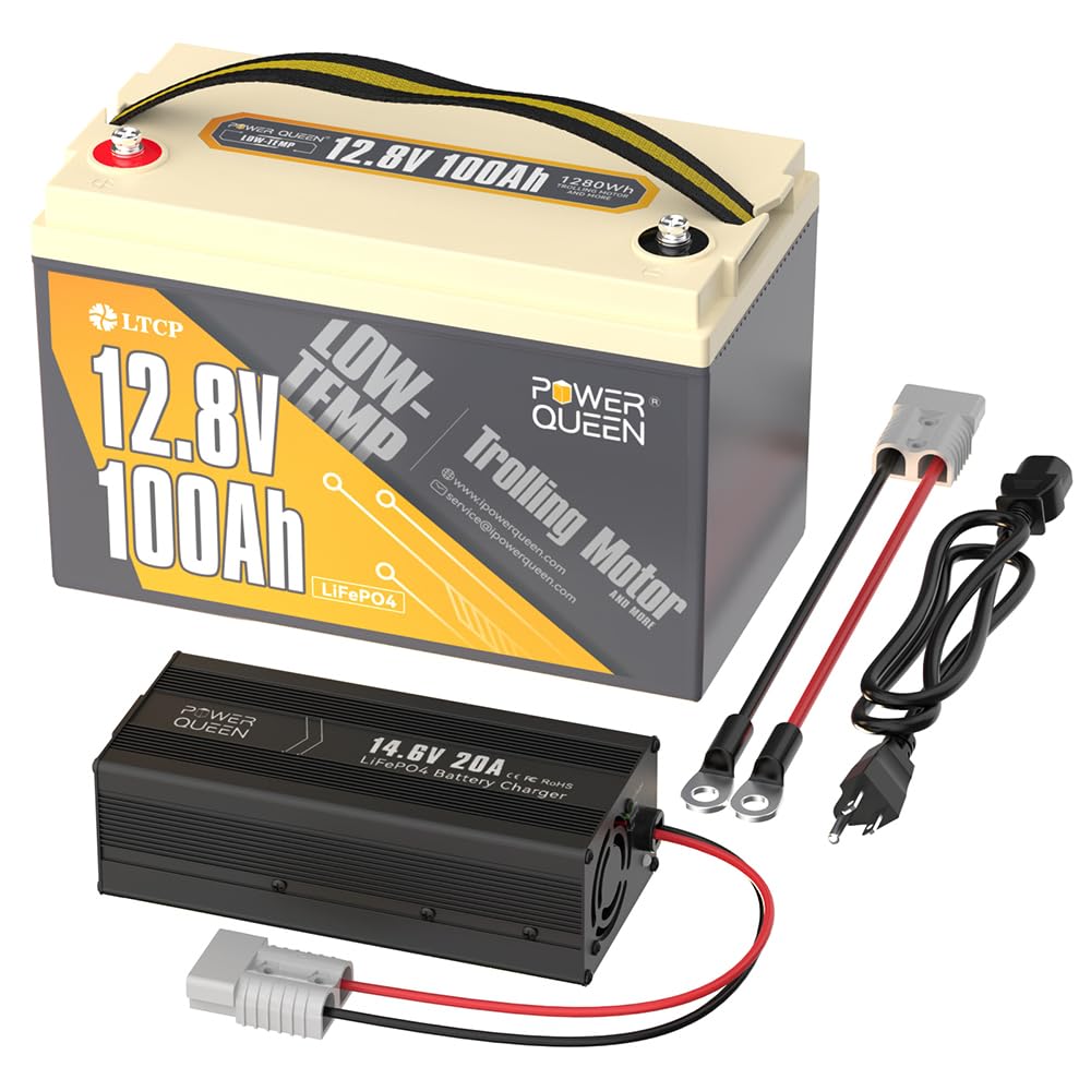 Power Queen 12V 100Ah Low-Temp LiFePO4 Battery with 12V 20A Lithium Charger