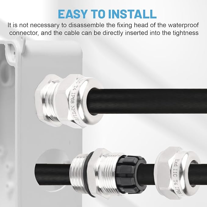 NPT 1/2" Stainless Steel Waterproof Cable Gland IP68 Waterproof Cable Gland Adjustable 6-12mm Cable Gland Protectors - 2 Pcs