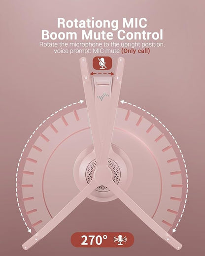 Wireless Headset with AI Noise Cancelling Microphone Bluetooth Headset - Bluetooth V5.2 Headphones with USB Dongle, Charging Base & Mic Mute for Computer/Laptop/PC/iPhone/Android/Cell Phones (Pink)