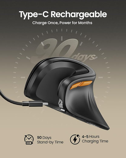 ProtoArc Ergonomic Mouse, EM11 NL Bluetooth Rechargeable Wireless Vertical Mouse, 3 Multi-Device Connectivity for Computer/PC/Laptop, 2.4GHz Optical Mice for Windows, Mac OS, Black