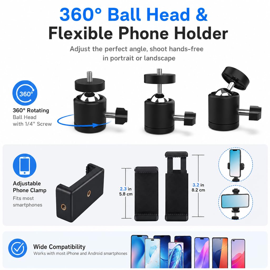 LenTok Overhead Tripod Mount for Camera Webcam Ring Light, Flexible Over Head Arm for iPhone with Phone Holder and Ball Head, Table Stand Accessory for Phone Video Recording Live Stream