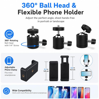 LenTok Overhead Tripod Mount for Camera Webcam Ring Light, Flexible Over Head Arm for iPhone with Phone Holder and Ball Head, Table Stand Accessory for Phone Video Recording Live Stream