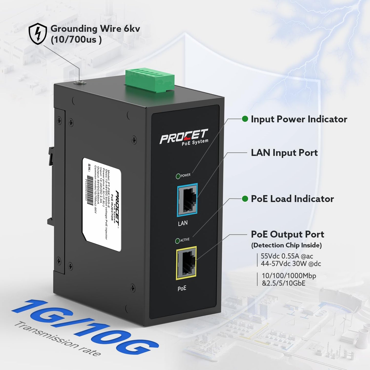 PROCET 10 Gbps Gigabit PoE++ Injector Din Rail, 60W Industrial Adapter with Wide Temp -40°F to 149°F, 6KV Surge Protection, AC/DC Input, IEEE802.3af/802.3at/802.3bt, PT-PSE105GB-AC-10