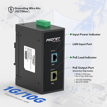 PROCET 10 Gbps Gigabit PoE++ Injector Din Rail, 60W Industrial Adapter with Wide Temp -40°F to 149°F, 6KV Surge Protection, AC/DC Input, IEEE802.3af/802.3at/802.3bt, PT-PSE105GB-AC-10