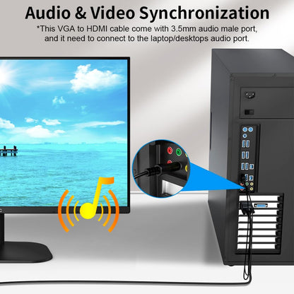 Kirzi VGA (Sources) to HDMI (Display) Cable 6ft with Audio, VGA Maleto HDMI Male Converter Cord Adapter Cable Compatible Witch Computer/Laptop to Monitor/TV, Desktop Laptop Projector to Monitor HDTV