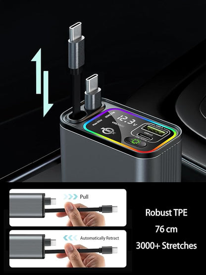 Retractable Car Charger USB C,145W Type C Car Charger Fast Charging with Dual Retractable USB C Cable and USB Ports, Compatible with iPhone 16/15,S25/24/23/22, Pixel 9/8/7