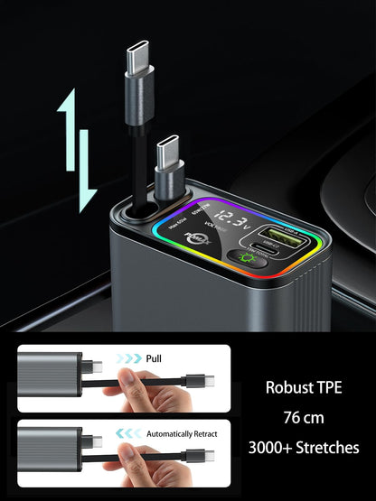 PDMAX Retractable Car Charger USB C,145W Type C Car Charger Fast Charging with Dual Retractable USB C Cable and USB Ports for iPhone 17/16/15,S25/24/23/22, Pixel 9/8/7（Build-in Dual Type C Cable）