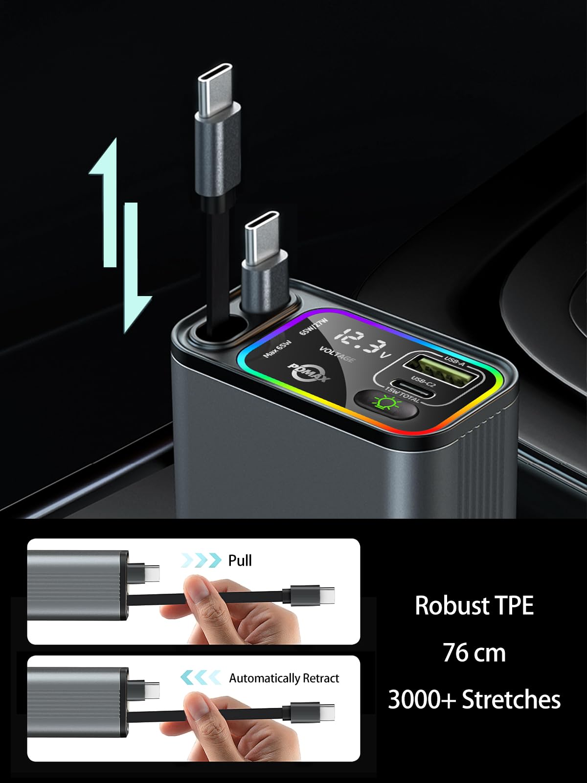 PDMAX Retractable Car Charger USB C,145W Type C Car Charger Fast Charging with Dual Retractable USB C Cable and USB Ports for iPhone 17/16/15,S25/24/23/22, Pixel 9/8/7(Build-in Dual Type C Cable)