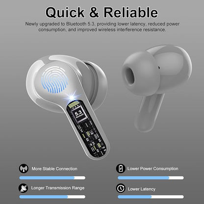 Wireless Earbuds, Bluetooth 5.4 Headphones HiFi Stereo, Bluetooth Earbuds with ENC Noise Cancelling Mic, IP7 Waterproof in Ear Earphones, 48H, LED Display Ear buds for Pad Workout Sports, Grey