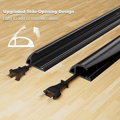 10FT Side-Open Extension Cord Covers for Wires on Floor,Silicone Power Cable Protector Cord Hider Management Strip,Hide Electric Wire on Carpet,Chord Runner Protective Safety Wiremold,Black