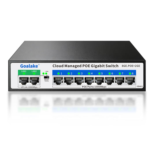 Goalake 8 Ports Gigabit PoE Switch with 2 Gigabit Uplinks, Cloud Managed for Small Business & Home Security,120W for IP Cameras/WiFi APs, Easy Manage via App/Web, VLAN/QoS, Fanless Metal,Plug-and-Play