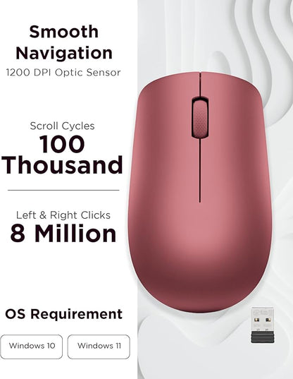 Lenovo 530 Full Size Wireless Computer Mouse for PC, Laptop, Computer with Windows - 2.4 GHz Nano USB Receiver - Ambidextrous Design - 12 Months Battery Life - Cherry Red