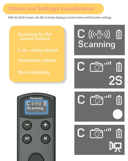 Hanpusen Rechargeable Camera Remote Control for Canon - Wireless Shutter Release with OLED Screen Compatible with R10, R8, R6 II, R100, R50, M50, SL3, R3, R5, R6, RP, R;Replaces Canon BR-E1(Black)