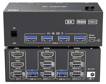 HDMI Displayport KVM Switch 3 Monitors 2 Computers 8K@60Hz/4K@144Hz, USB3.0 KVM Switches for 2 PC Sharing Triple Monitor and Keyboard Mouse with Power Adapter,Wired Extend Controller and USB3.0 Cables