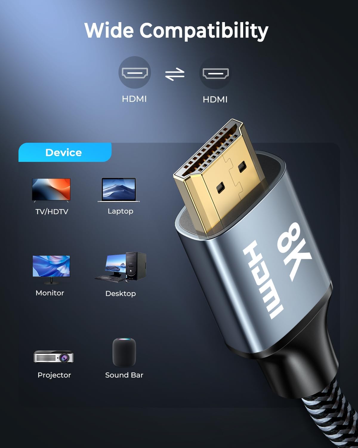 CABNEER 8K HDMI Cable 4 ft, 48Gbps High Speed HDMI 2.1 Cable, HDMI Cord 8K@60Hz 4K@120Hz Support for HDR eARC HDCP 2.2&2.3, HDMI Cable 2.1 Compatible with HDTV, Laptop, Monitor, PC