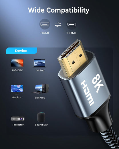 CABNEER 8K HDMI Cable 4 ft, 48Gbps High Speed HDMI 2.1 Cable, HDMI Cord 8K@60Hz 4K@120Hz Support for HDR eARC HDCP 2.2&2.3, HDMI Cable 2.1 Compatible with HDTV, Laptop, Monitor, PC