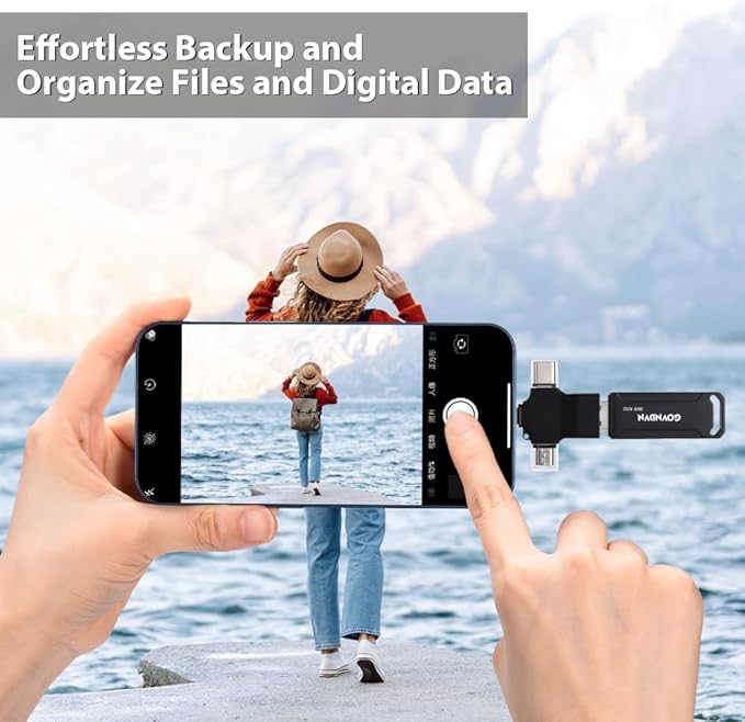 Auto Backup All Devices Photo Stick 128GB Real Capacity, iPhone USB Flash Drive & Backup Storage Memory Stick for Photos, Videos & Contacts, 4-in-1 Thumb Drive for iPhone, iPad, Android, PC, Tablets