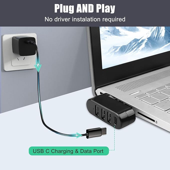 VIENON 4-Port USB C Hub [90°/180° Degree Rotatable], USB C Adapter Splitter, USB Extender for MacBook, iMac, Surface, and More C Port Laptop