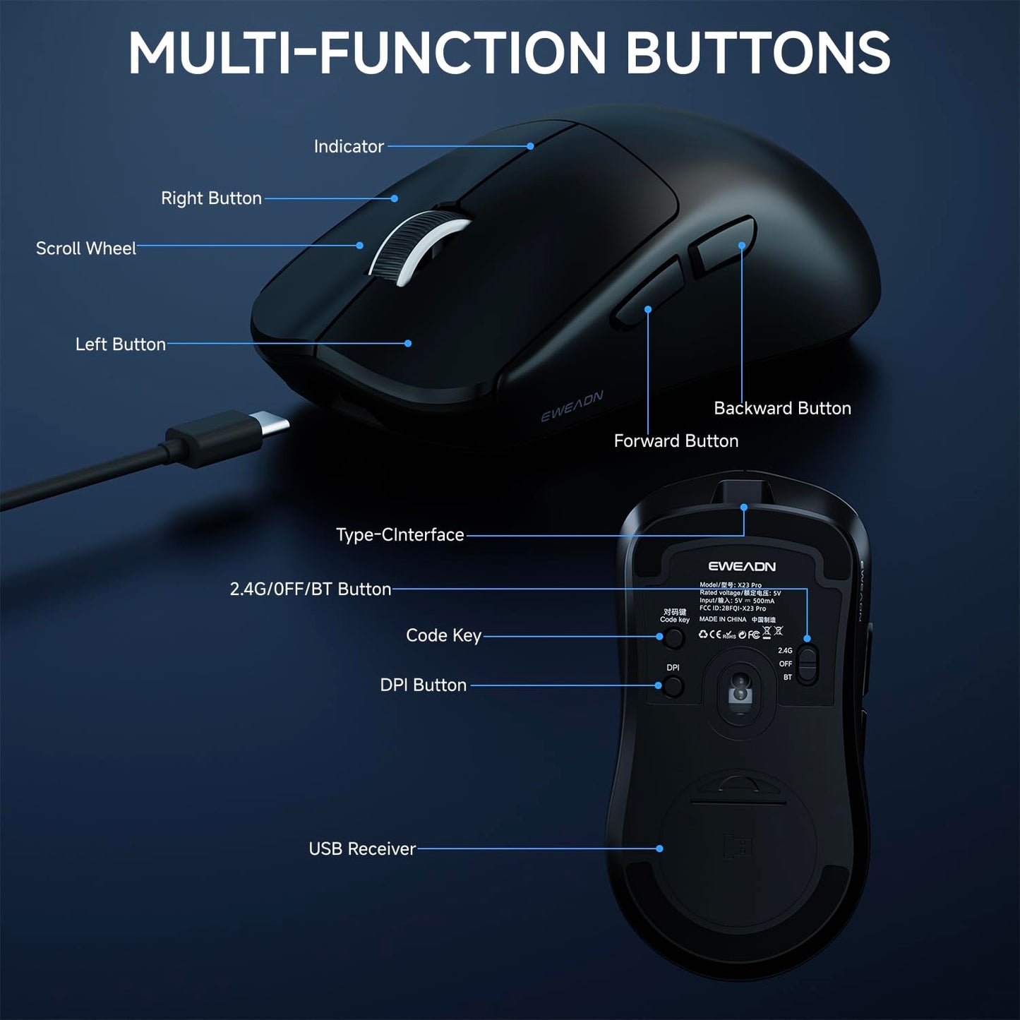 SEUNKWANG EWEAND X23 Pro Gaming Mouse, Tri-Mode 2.4G/USB-C/Bluetooth Wireless Mouse, PAW3311 Sensor, 12,000 DPI, 59g Lightweight, 1ms Ultra-Low Delay, Gaming & Computer Mouse for Laptop/PC/Mac-Black