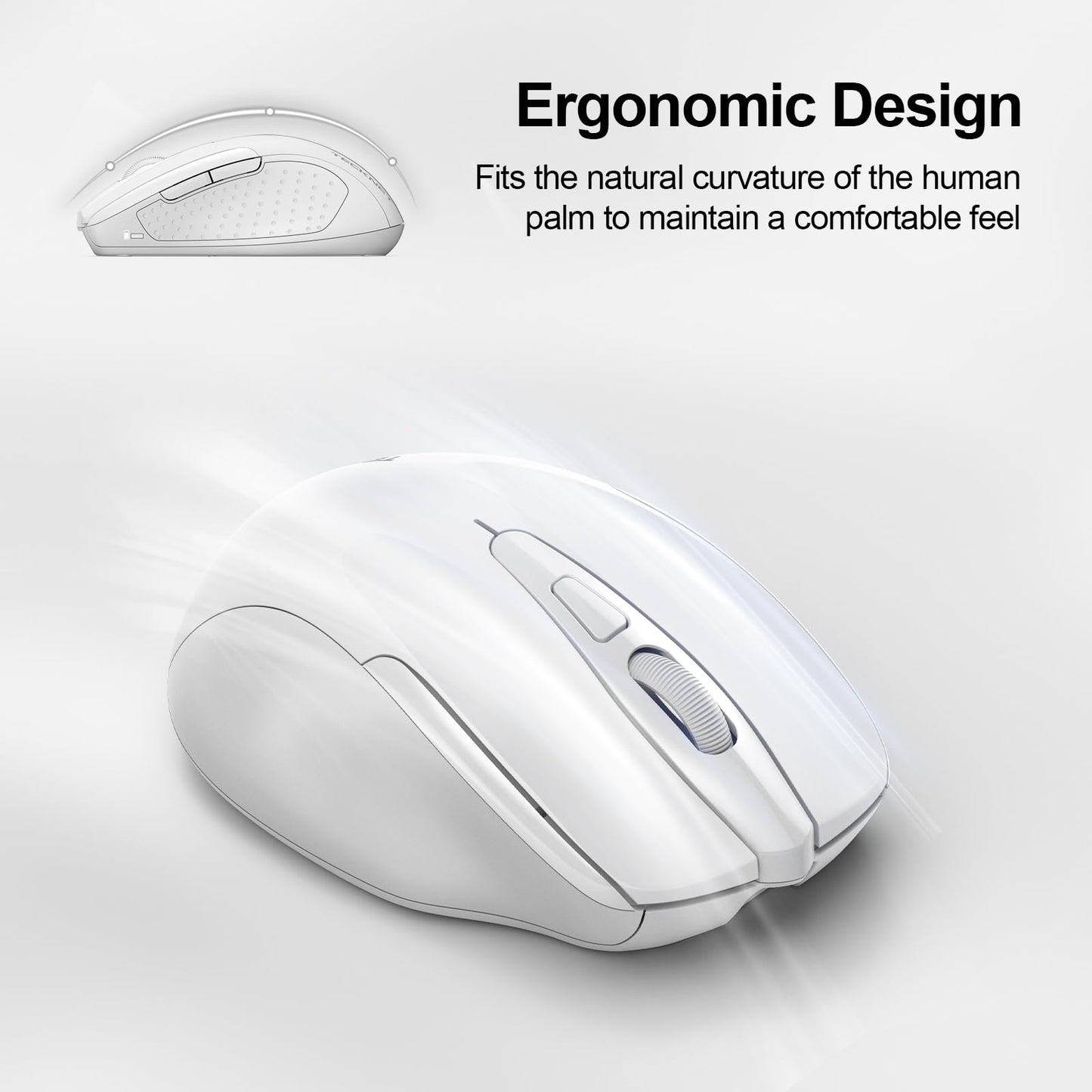 TECKNET Wireless Mouse Rechargeable, 2.4G USB-A Silent Mouse, Quiet Click, 6 Adjustable 4800 DPI, Cordless Computer Mice, Ergonomic Mice for Laptop, 6 Buttons for Chromebook, Ergo Grip - White