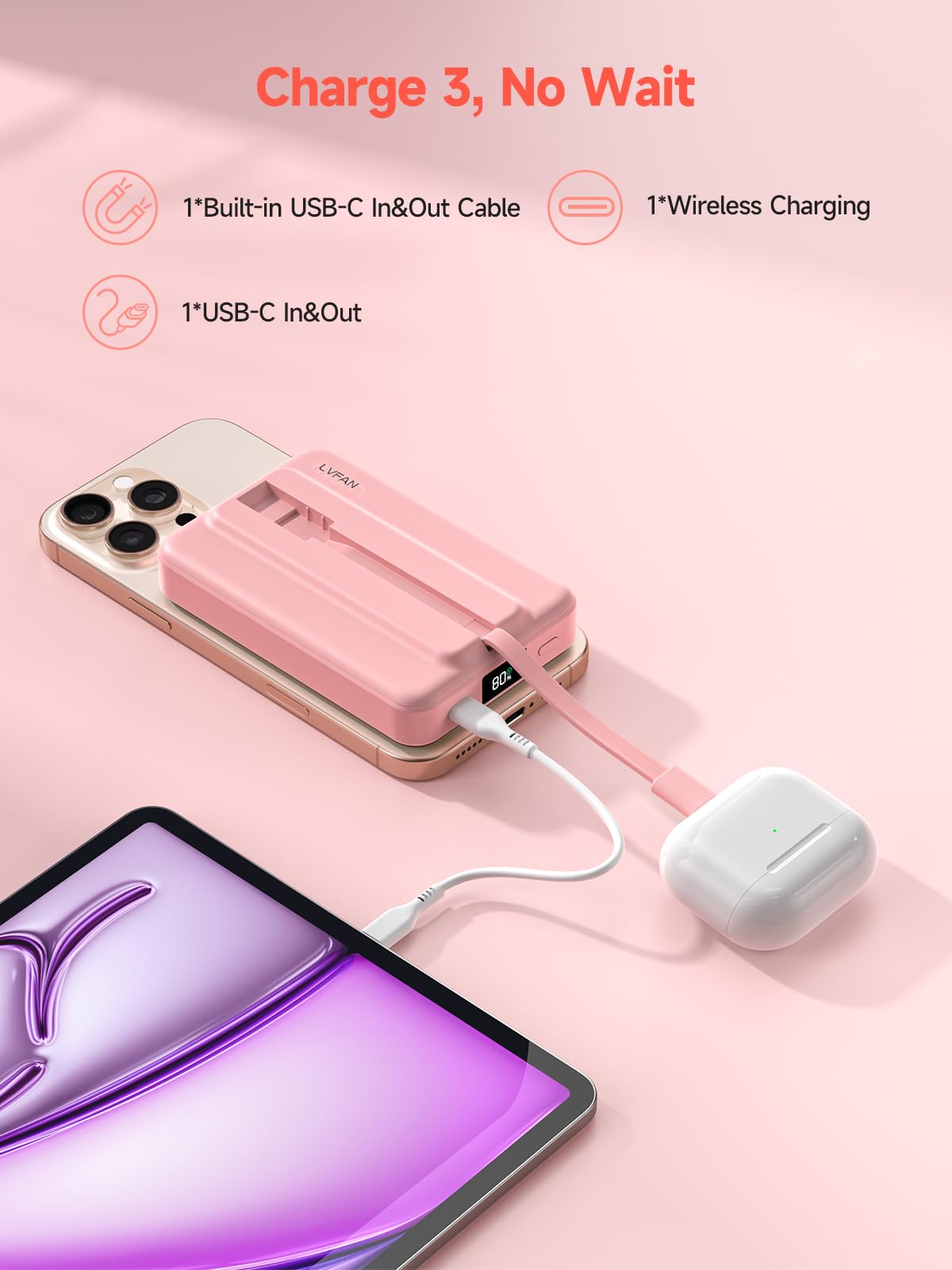 LVFAN for Magnetic Power Bank 10000mAh, Fast Charging Wireless Magnetic Portable Charger with Built-in USB C in&Out Cable, Travel LED Display Battery Pack for iPhone 17 16 15 14 13 12