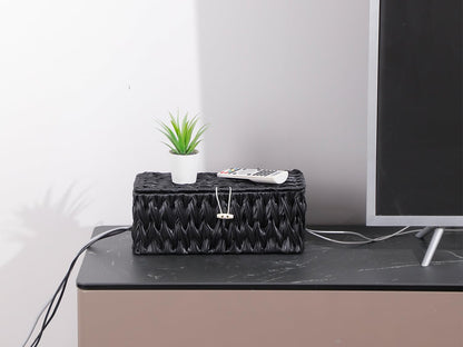 Coeusy Black Cable Management Box,2 Pack Large & Medium Rattan Cable Organizer Box for Power Strip,2 Open Slots Cords Hider Box for TV Wires, Computer, Router, USB Hub and Under Desk Power Strip