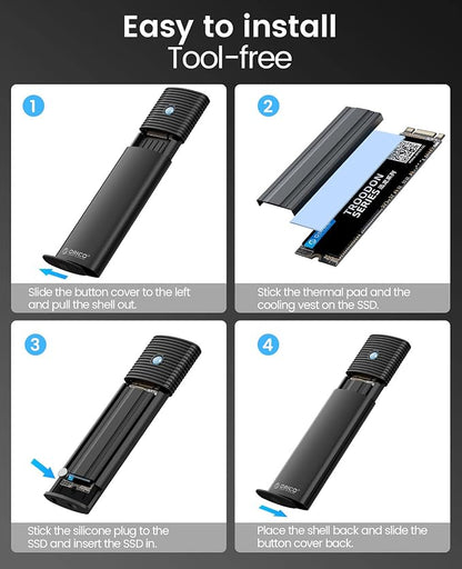 ORICO M.2 NVMe SATA SSD Enclosure Adapter Tool-Free, USB C 3.2 Gen 2 10Gbps NVMe, 5Gbps NGFF SATA PCIe M-Key(B+M Key) 2230/2242/2260/2280, Aluminum External M2 Reader Support UASP Trim- BK(G2A)
