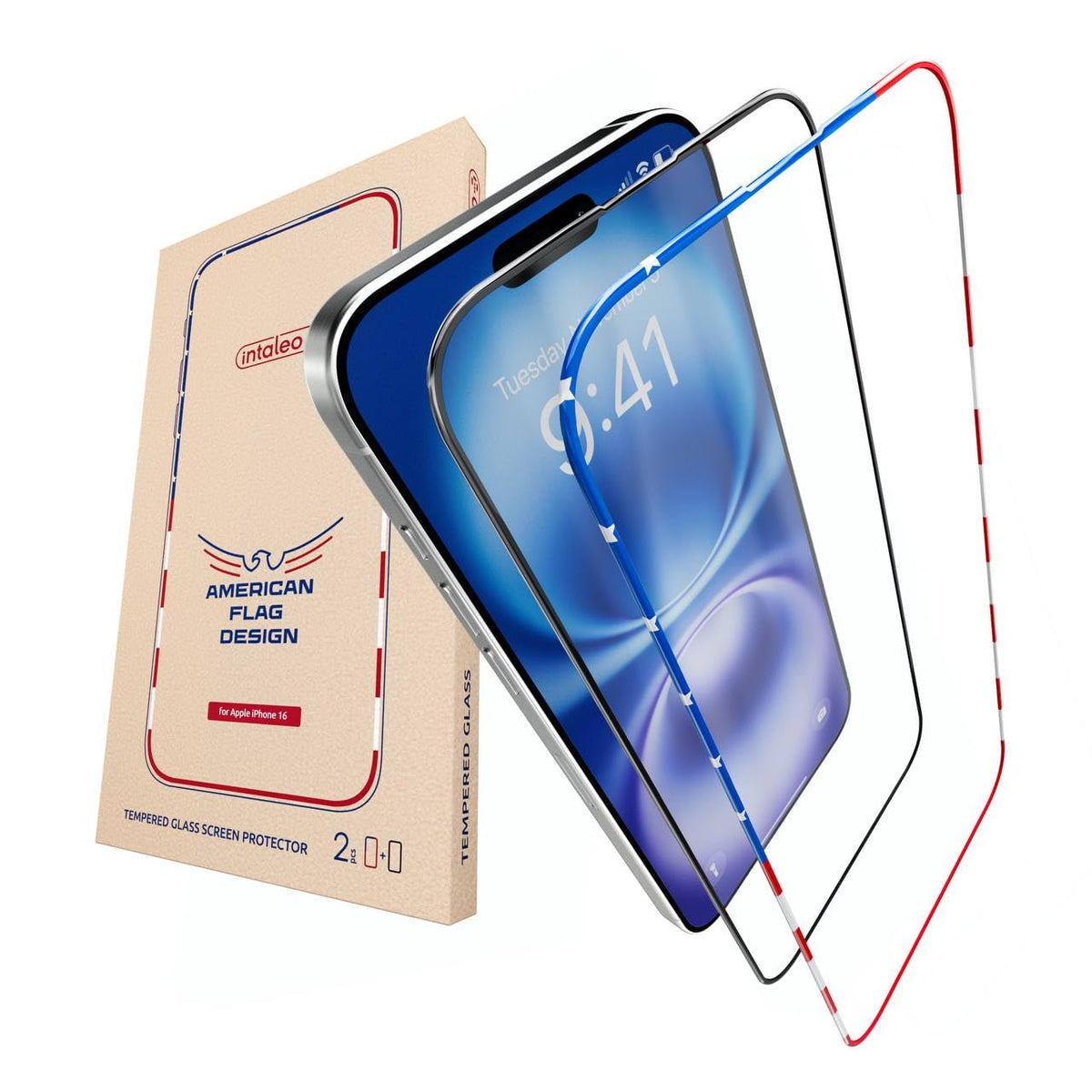 Intaleo Screen Protector for iPhone 15 Plus / 16 Plus - Tempered Glass Screen Protector (2 Pack) - USA Flag & Black Frame - 9H Hardness Full Coverage - Oleophobic Coating with Easy Installation