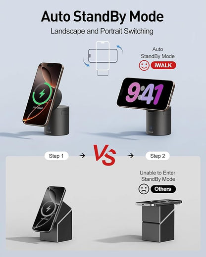 iWALK 3 in 1 Wireless Charging Stand with Auto Rotation, Charging Station with Magnet for Apple Devices, 15W Foldable Wireless Charger Station for iPhone 16 15 14 13 12 & Apple Watch & Airpods, Black