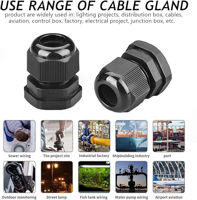 PENGLIN Cable Glands 1/2" NPT Nylon Cable Connector, Strain Relief Cord Connector, IP68 Waterproof Adjustable Locknut(1/2 Inch (20-Pack))