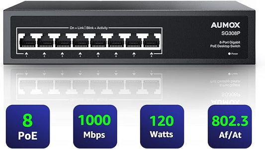 Aumox All 8 Port Gigabit PoE Switch 120W Ethernet Unmanaged Switch